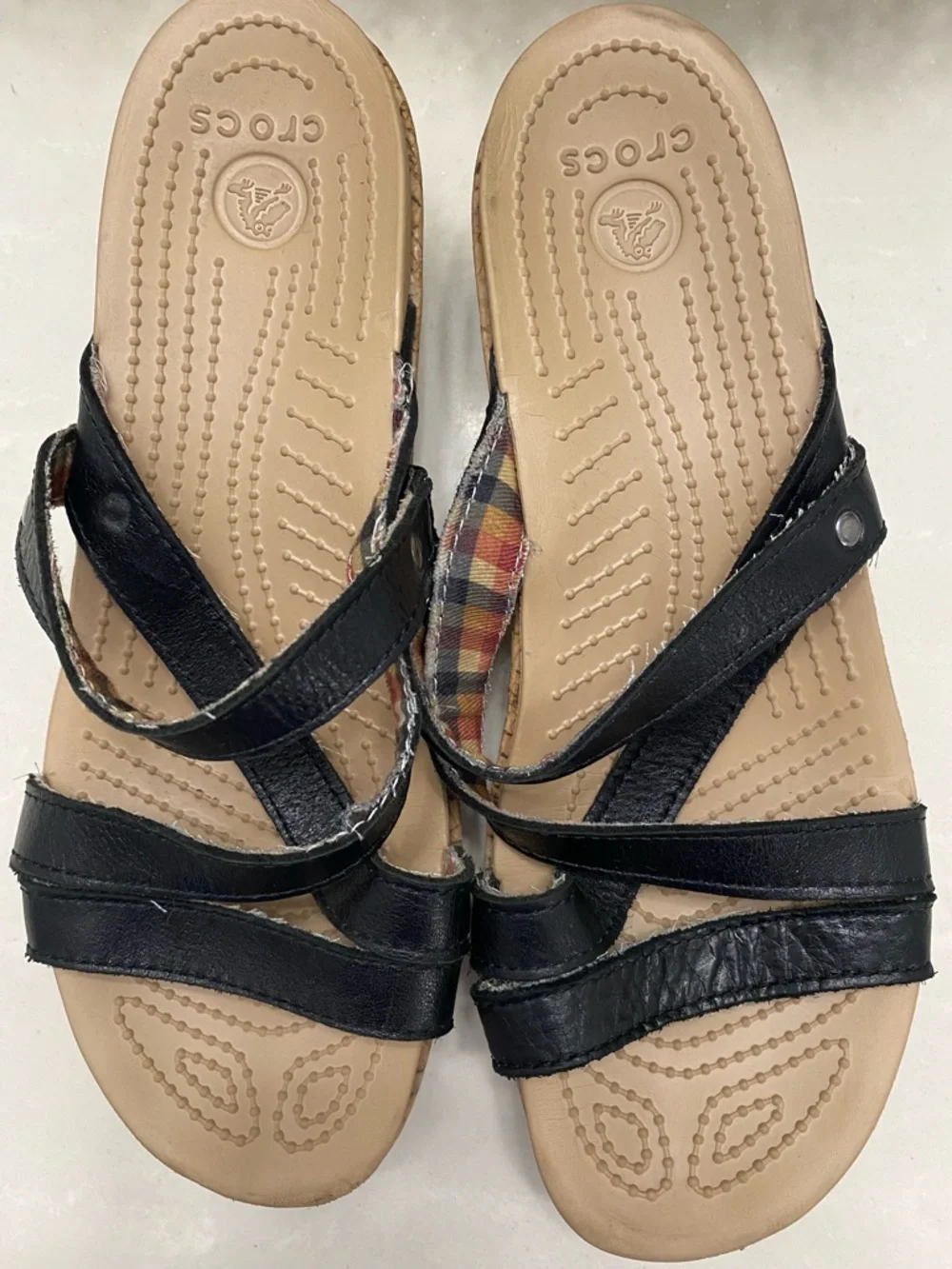 Crocs A-Leigh Black Leather Cork Plaid Lined Wedge Slide Sandals - Women's 7